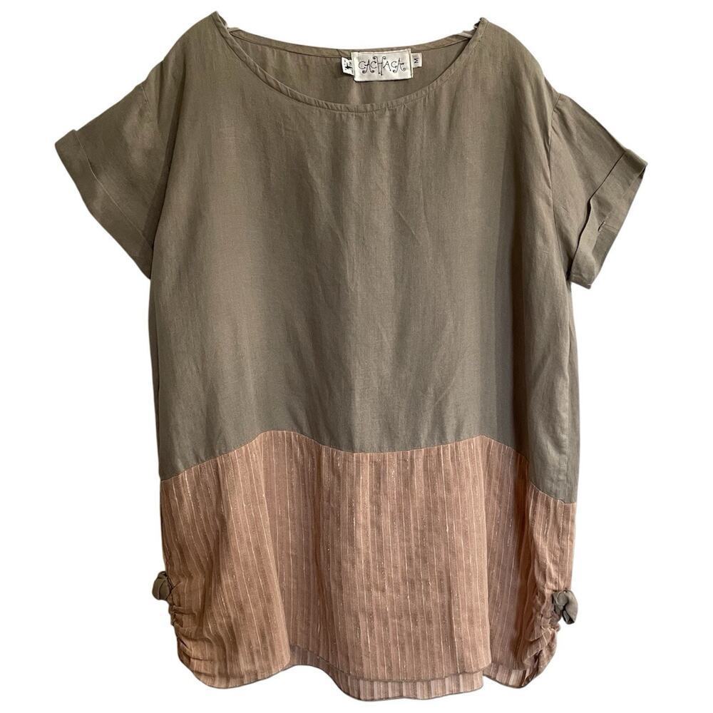 Cachaca Tunic Top Women Sz Medium Brown Pink Linen Vintage Lagenlook Funky Art
